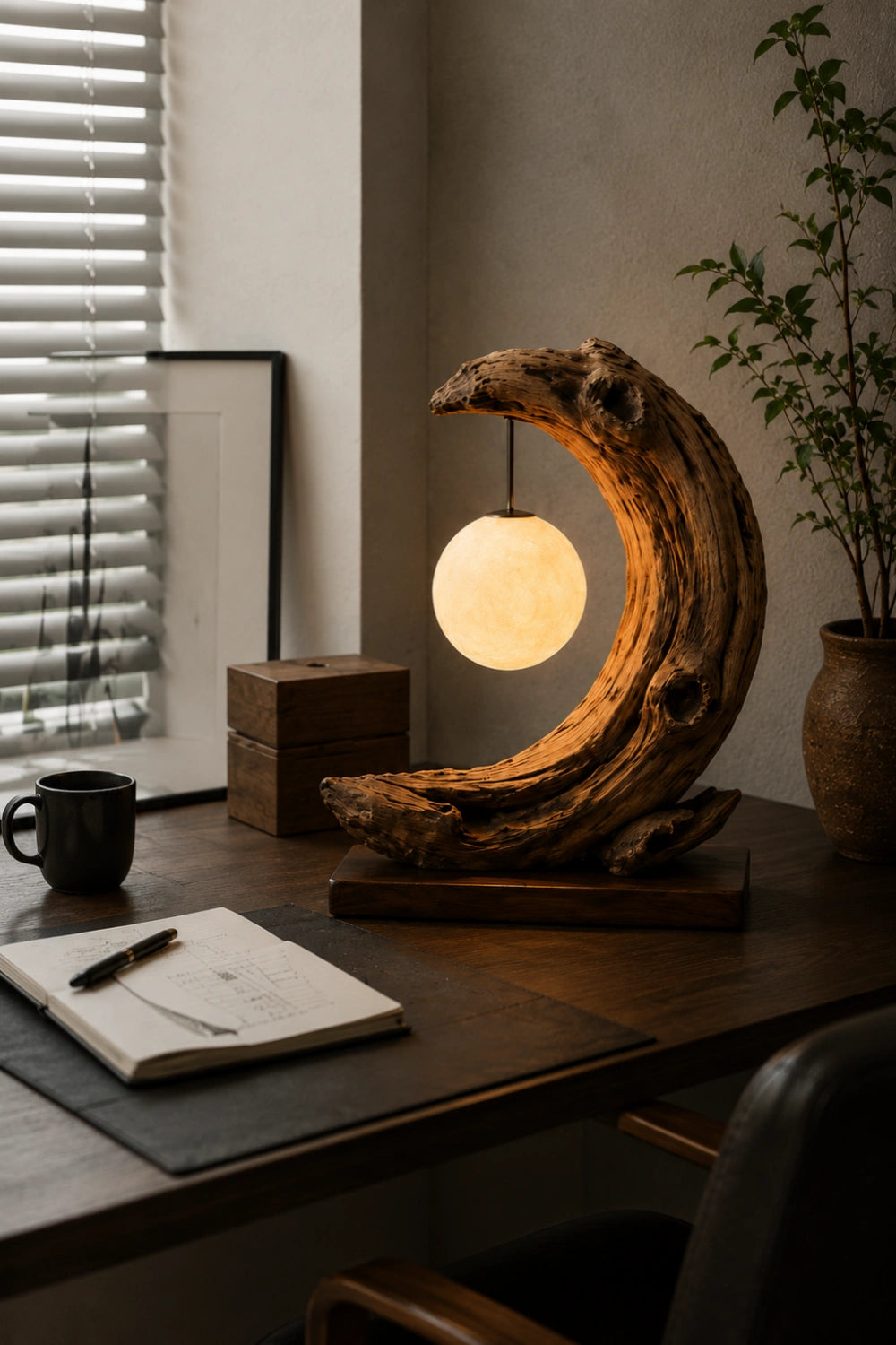 Rustic Driftwood Table Lamp with Glowing Orb | Natural Wood Decoration