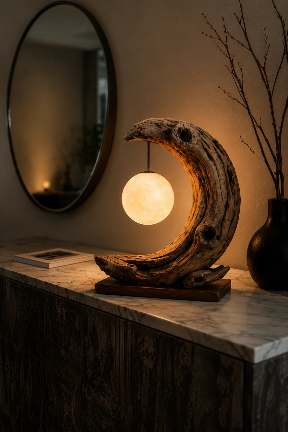 Rustic Driftwood Table Lamp with Glowing Orb | Natural Wood Decoration