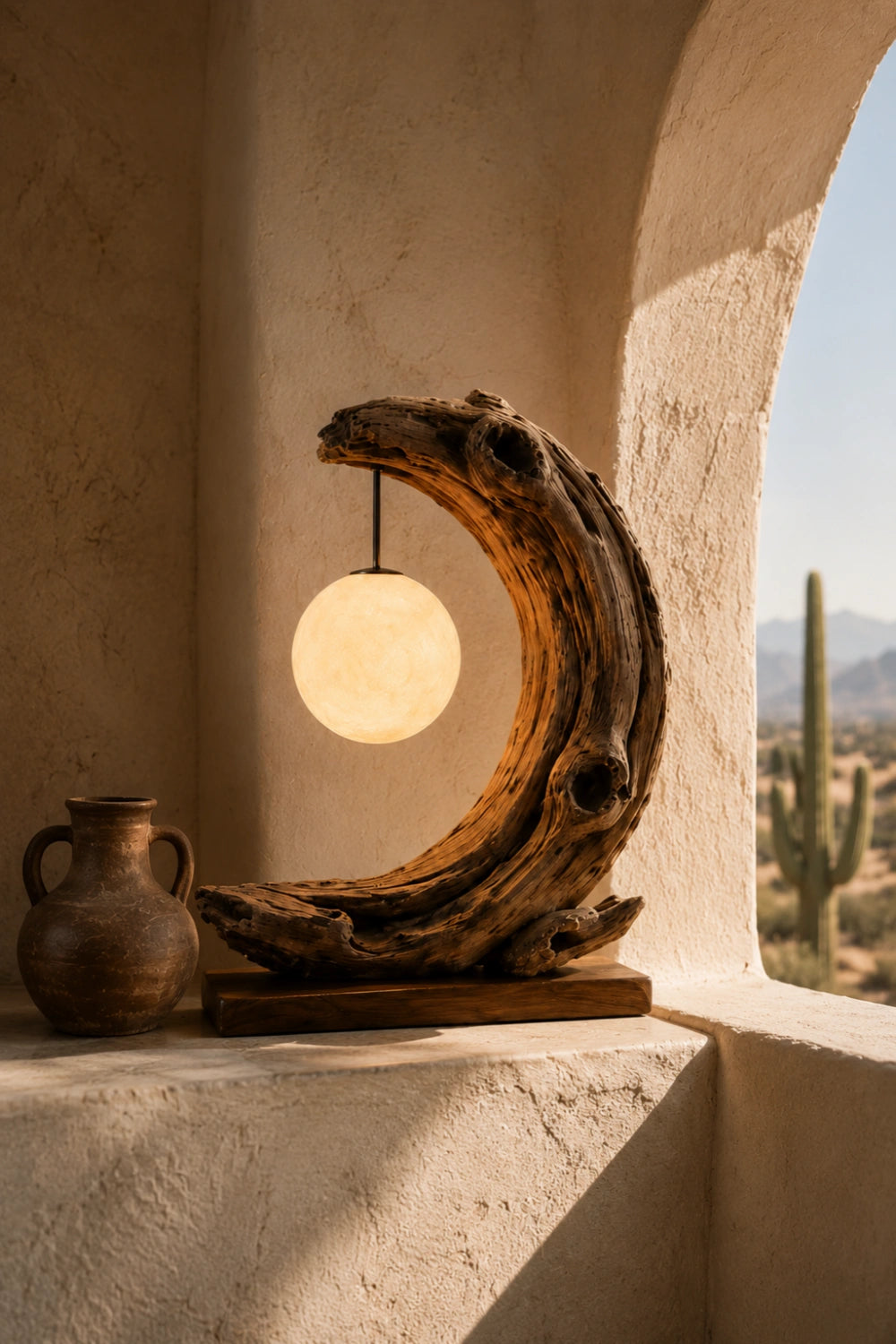 Rustic Driftwood Table Lamp with Glowing Orb | Natural Wood Decoration