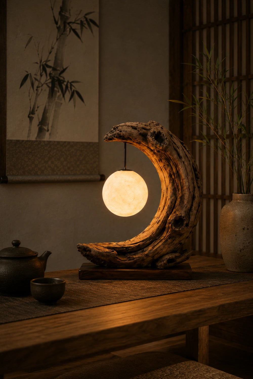 Rustic Driftwood Table Lamp with Glowing Orb | Natural Wood Decoration