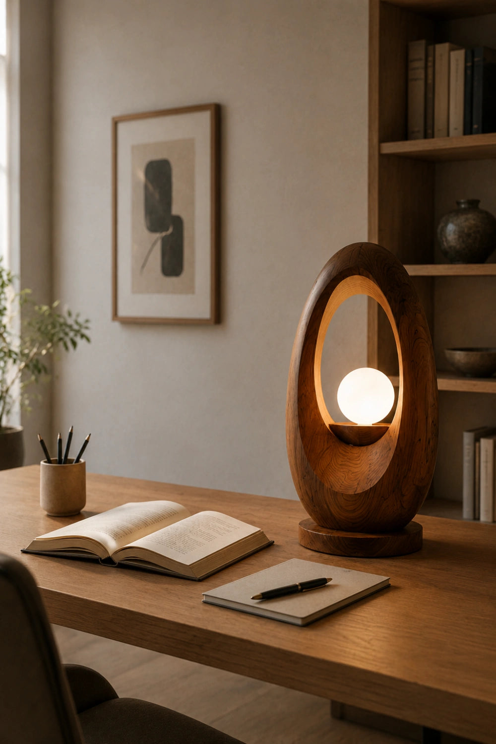Zen Oval Wood Table Lamp | Organic Minimalist Bedside Light for Home Decoration