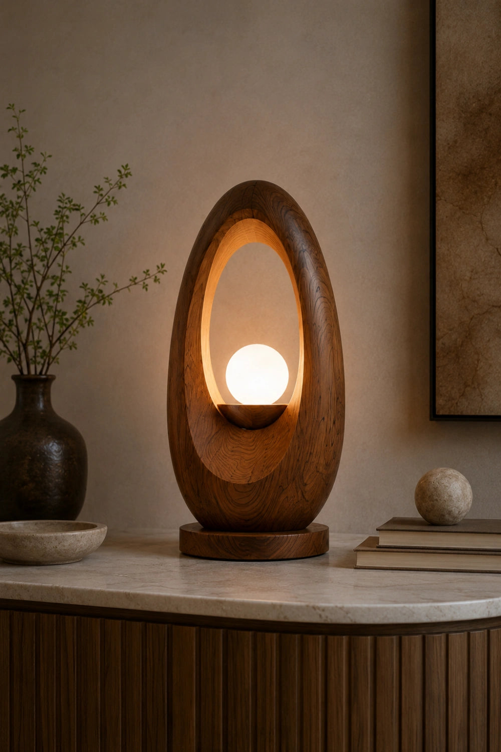 Zen Oval Wood Table Lamp | Organic Minimalist Bedside Light for Home Decoration