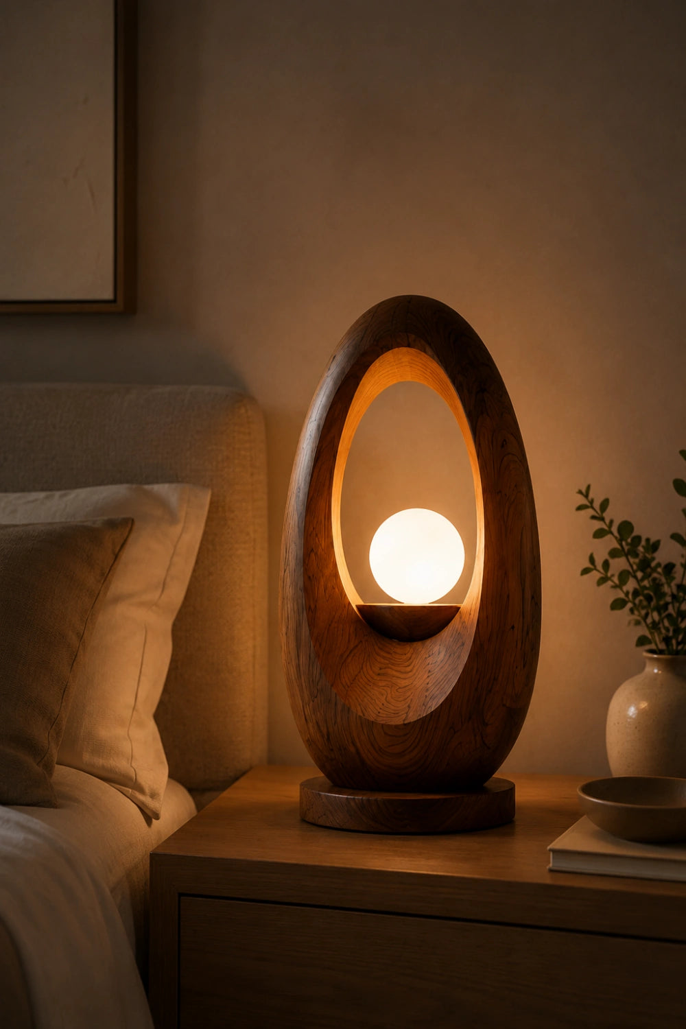 Zen Oval Wood Table Lamp | Organic Minimalist Bedside Light for Home Decoration