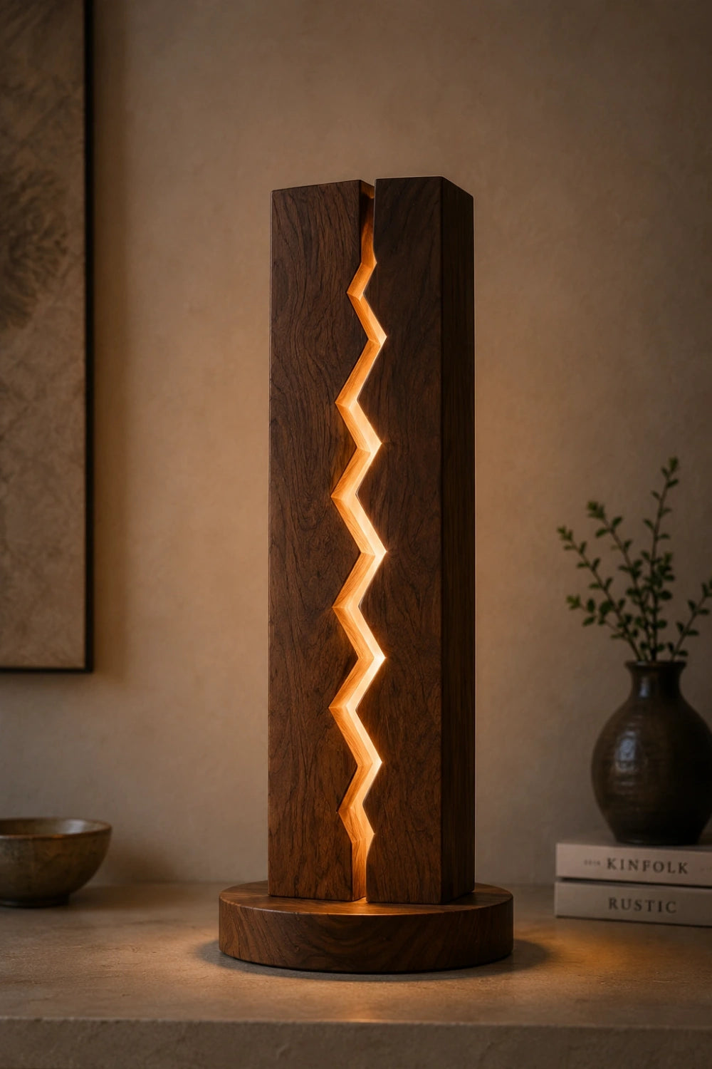Modern Zigzag Wood Column Lamp | Unique Geometric Home Decoration Gift