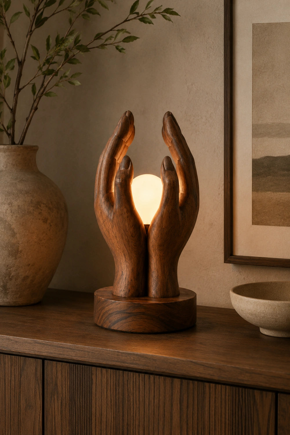 Creative Wood Cupped Hands Lamp | Unique Orb Light for Home Decoration