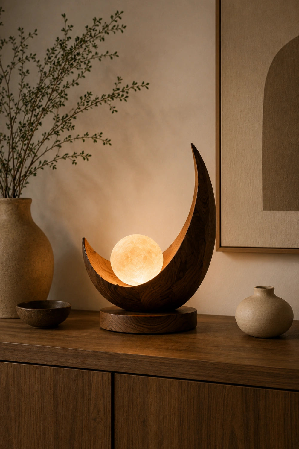 Celestial Crescent Wood Lamp | Modern Moon Orb Sculpture | Ornamental Gift for Home Decor