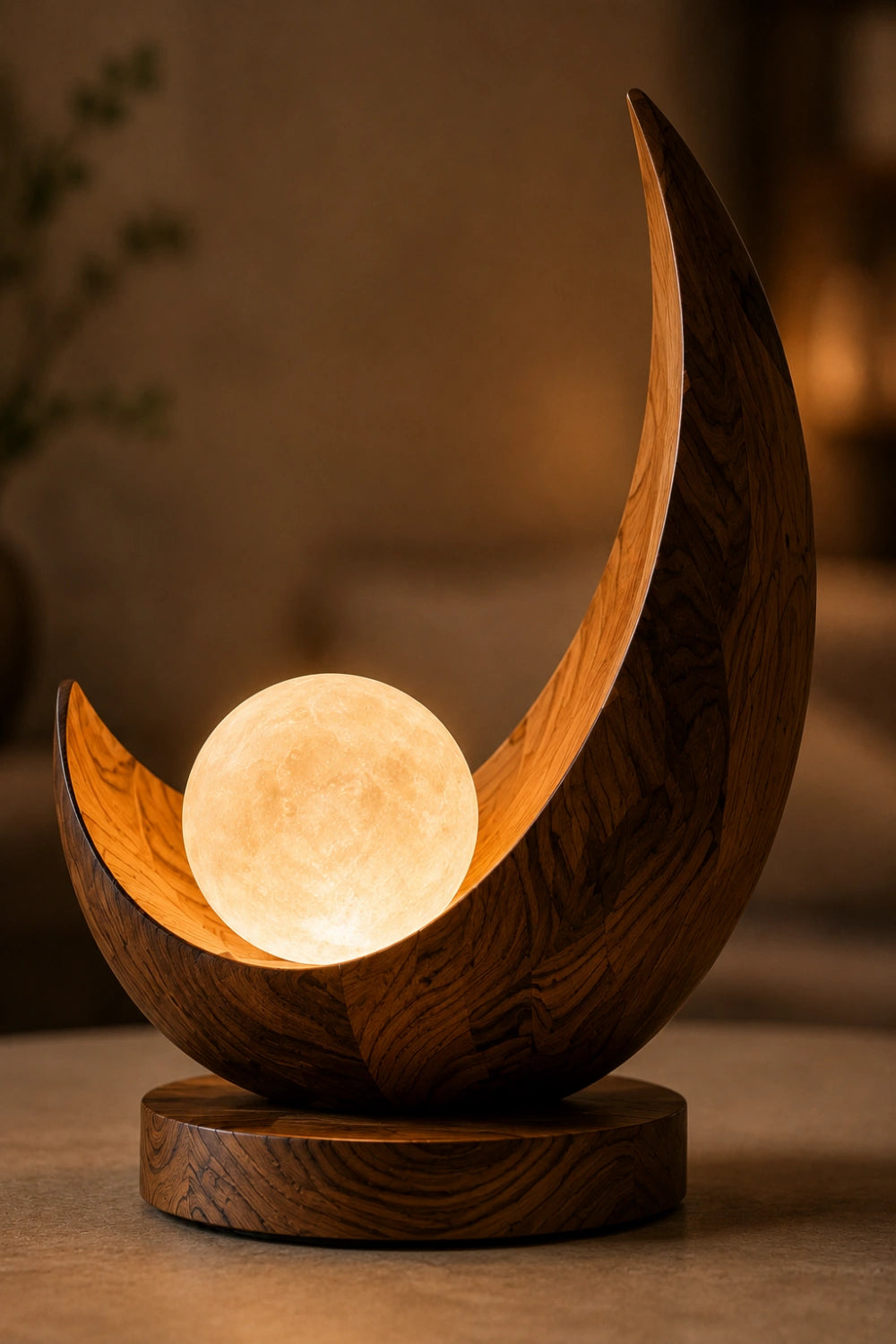 Celestial Crescent Wood Lamp | Modern Moon Orb Sculpture | Ornamental Gift for Home Decor