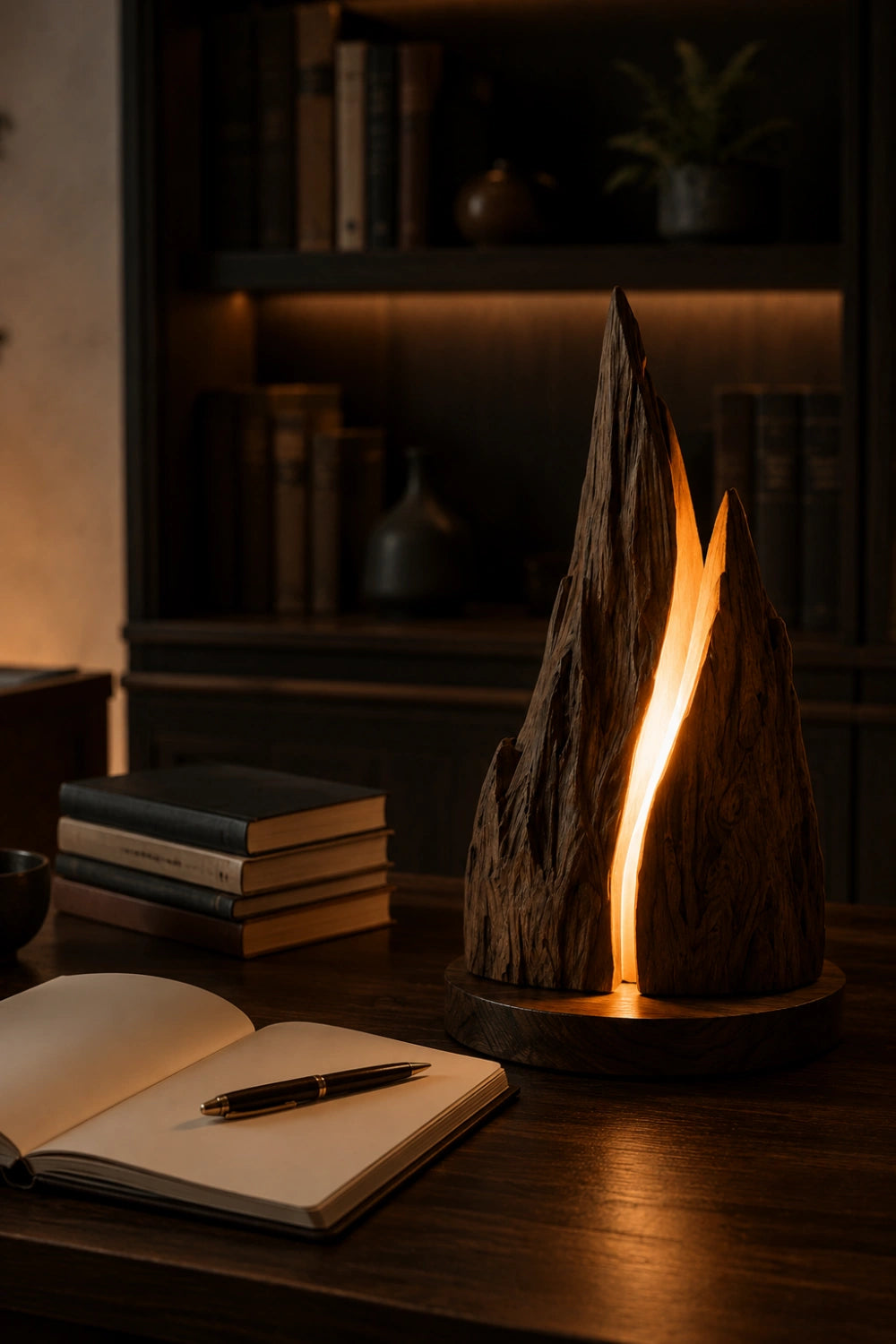 Rustic Mountain Peak Wood Lamp | Handcrafted Raw Wood Sculpture Decor & Gift