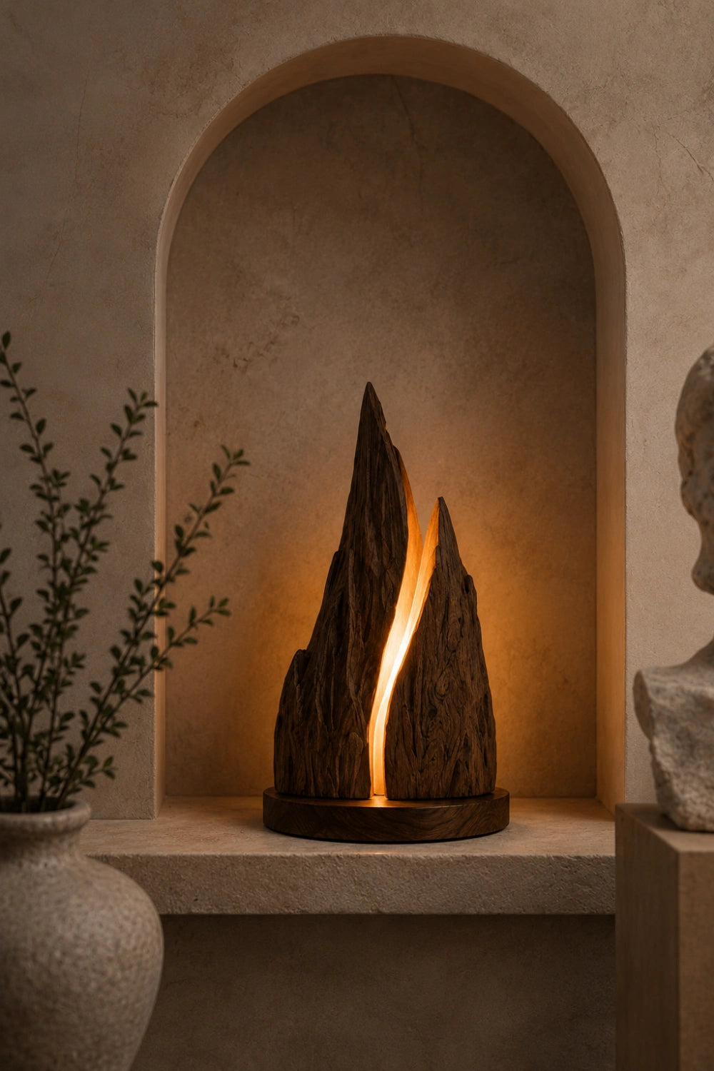 Rustic Mountain Peak Wood Lamp | Handcrafted Raw Wood Sculpture Decor & Gift