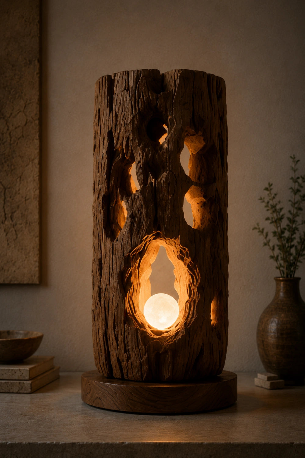 Rustic Log Wood Table Lamp | Natural Bark Texture Light | Unique Earthy Decoration Gift
