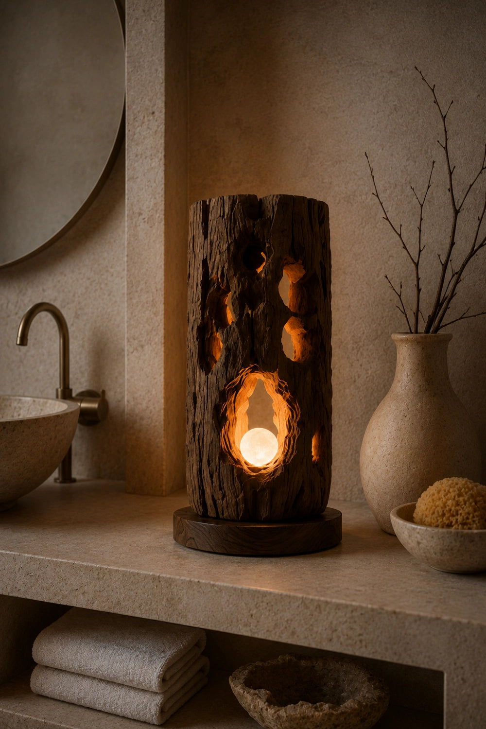 Rustic Log Wood Table Lamp | Natural Bark Texture Light | Unique Earthy Decoration Gift