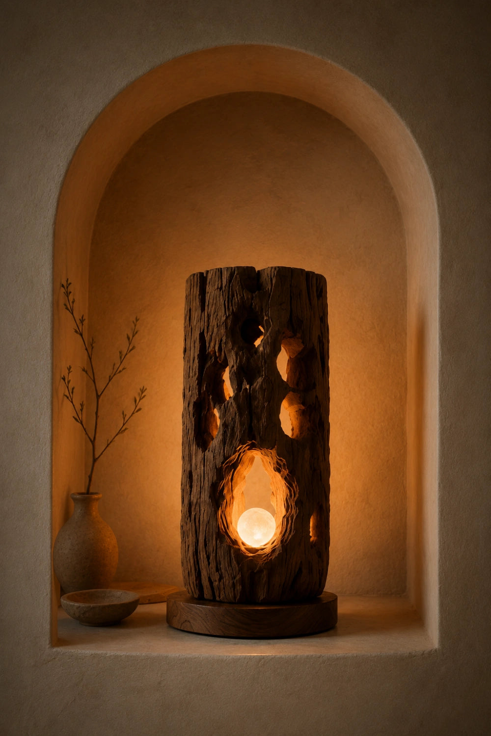Rustic Log Wood Table Lamp | Natural Bark Texture Light | Unique Earthy Decoration Gift