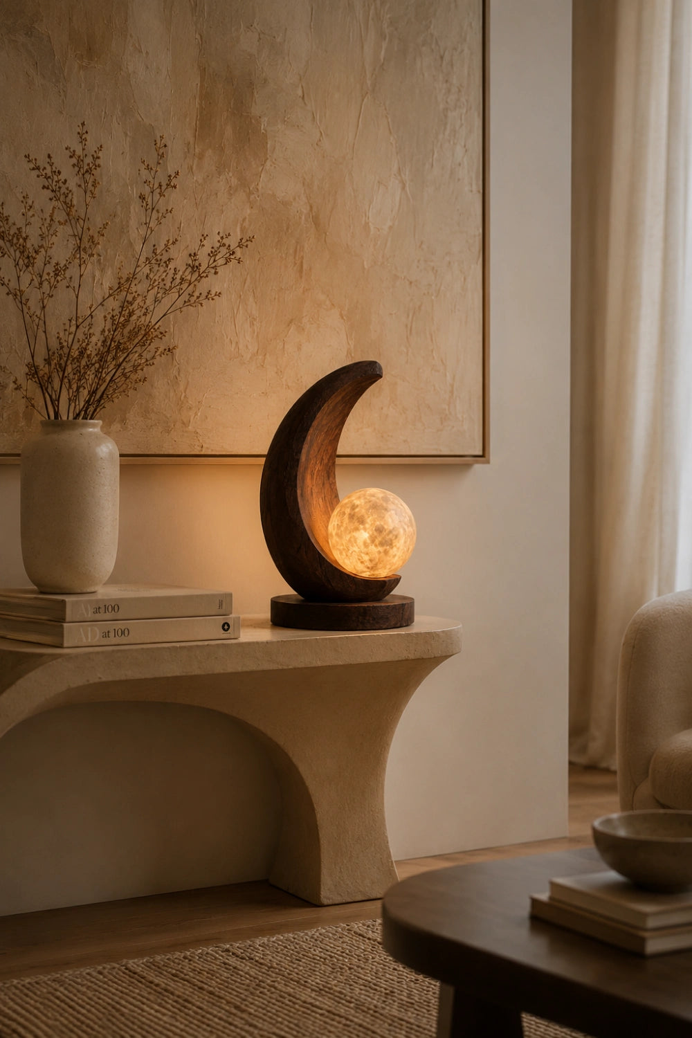 Sculptural Wood Moon Sphere Lamp | Creative Desktop Light | Unique Gift Decoration