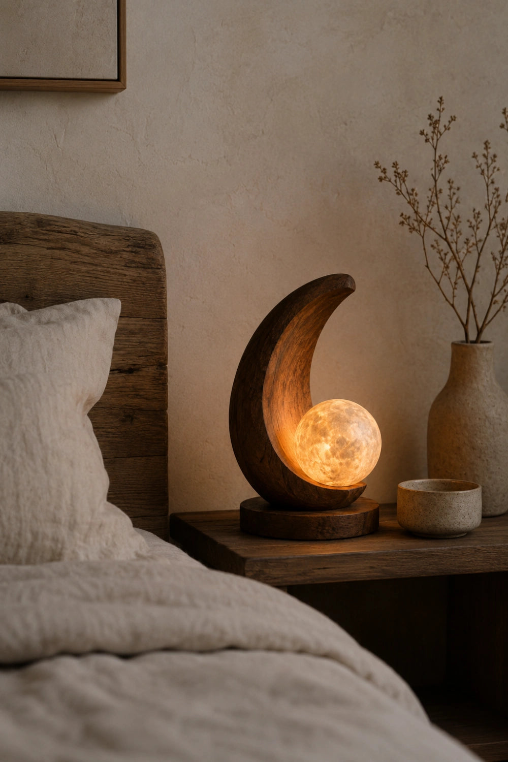 Sculptural Wood Moon Sphere Lamp | Creative Desktop Light | Unique Gift Decoration