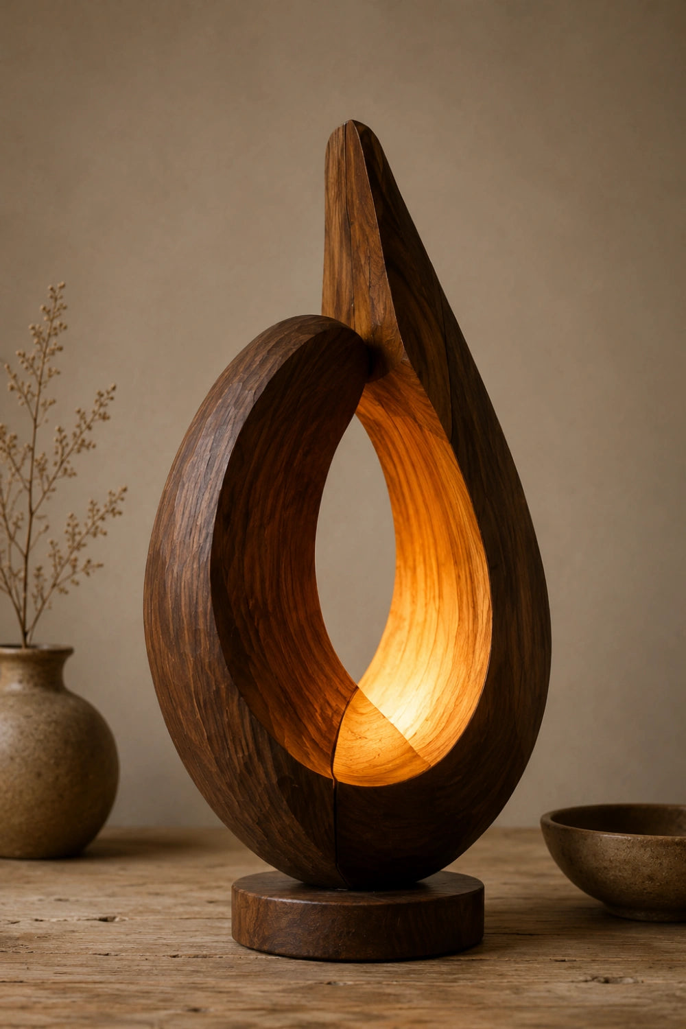 Modern Sculptural Teardrop Wood Lamp | Abstract Glow Ornament & Unique Home Gift