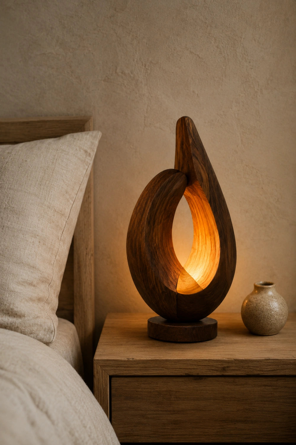 Modern Sculptural Teardrop Wood Lamp | Abstract Glow Ornament & Unique Home Gift