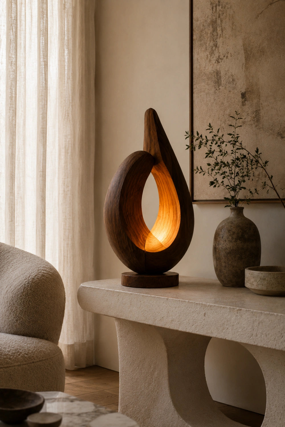 Modern Sculptural Teardrop Wood Lamp | Abstract Glow Ornament & Unique Home Gift