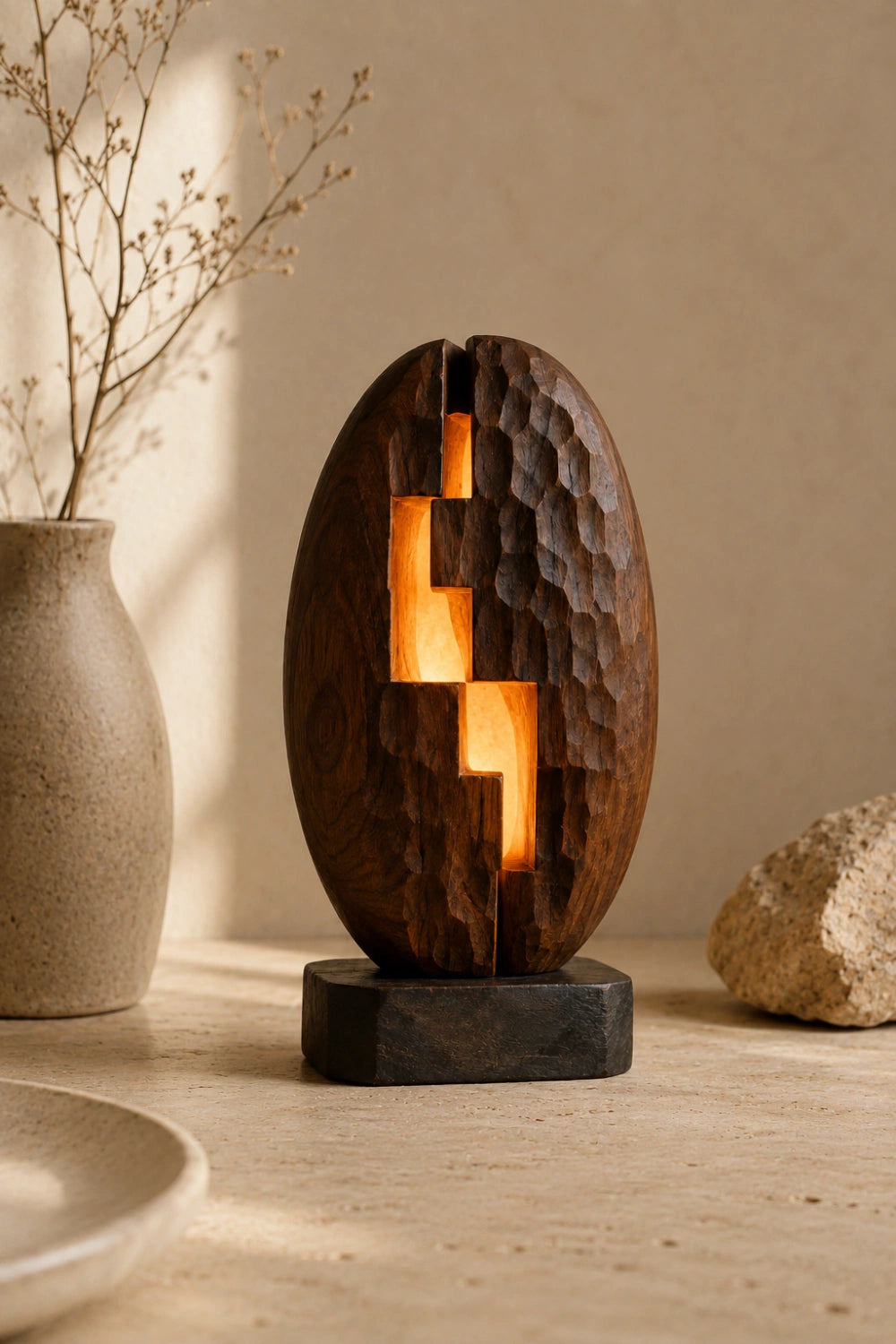 Stepped Geometric Wood Lamp Textured Chiseled Sculpture Light Unique Decor Gift