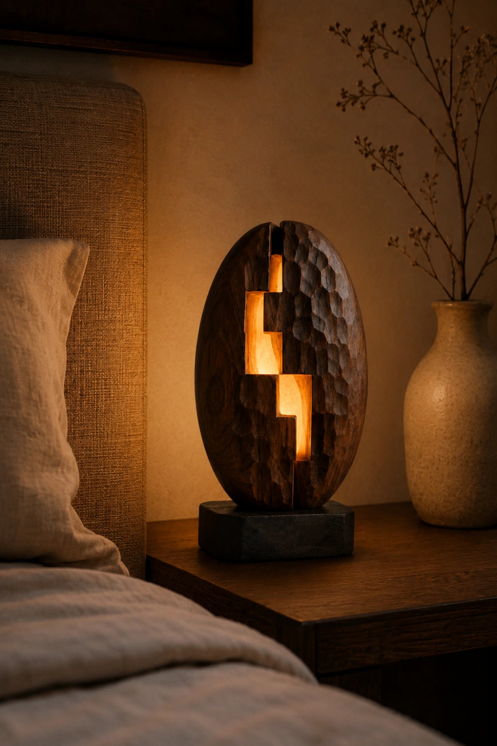Stepped Geometric Wood Lamp Textured Chiseled Sculpture Light Unique Decor Gift