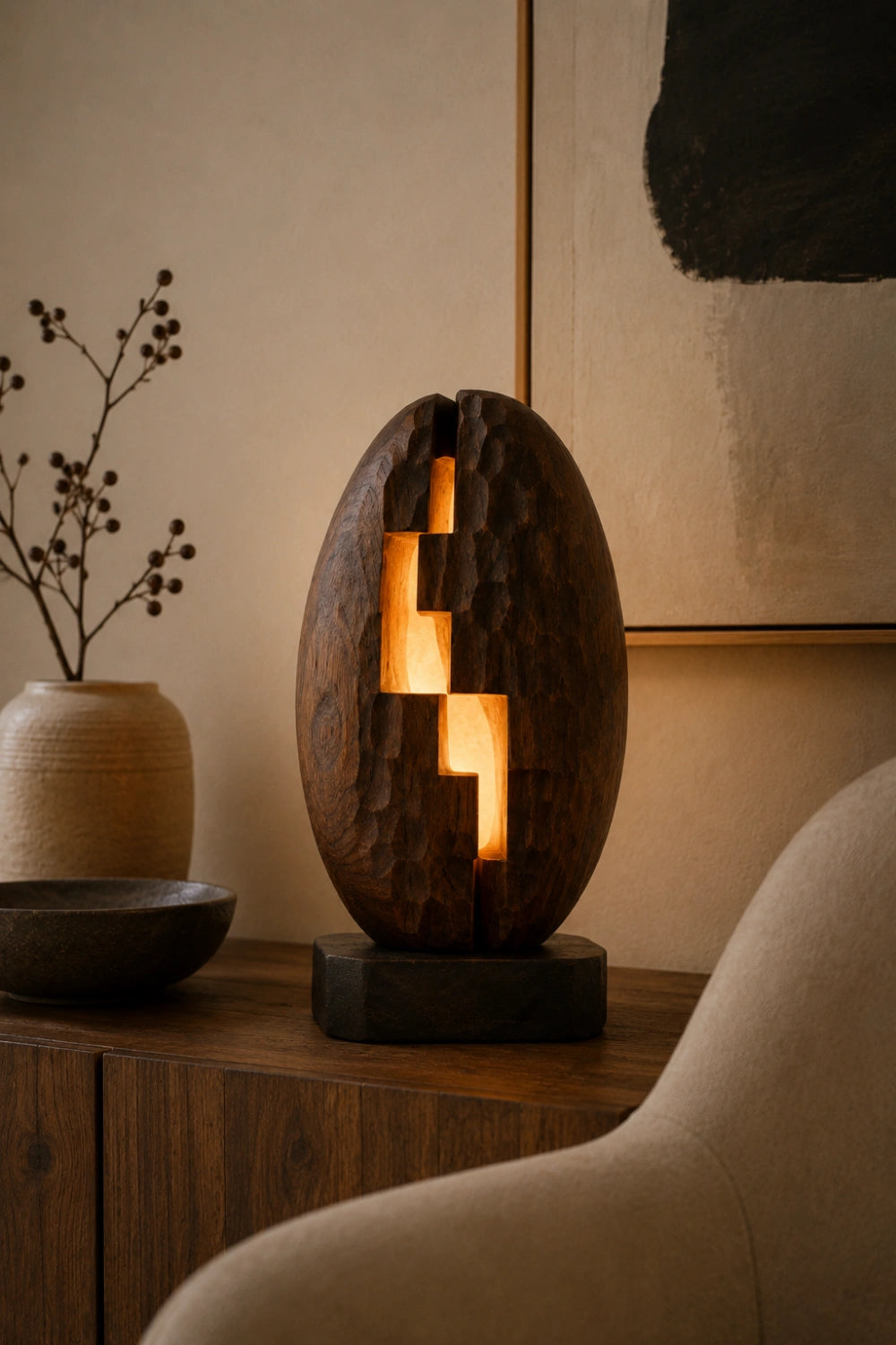 Stepped Geometric Wood Lamp Textured Chiseled Sculpture Light Unique Decor Gift