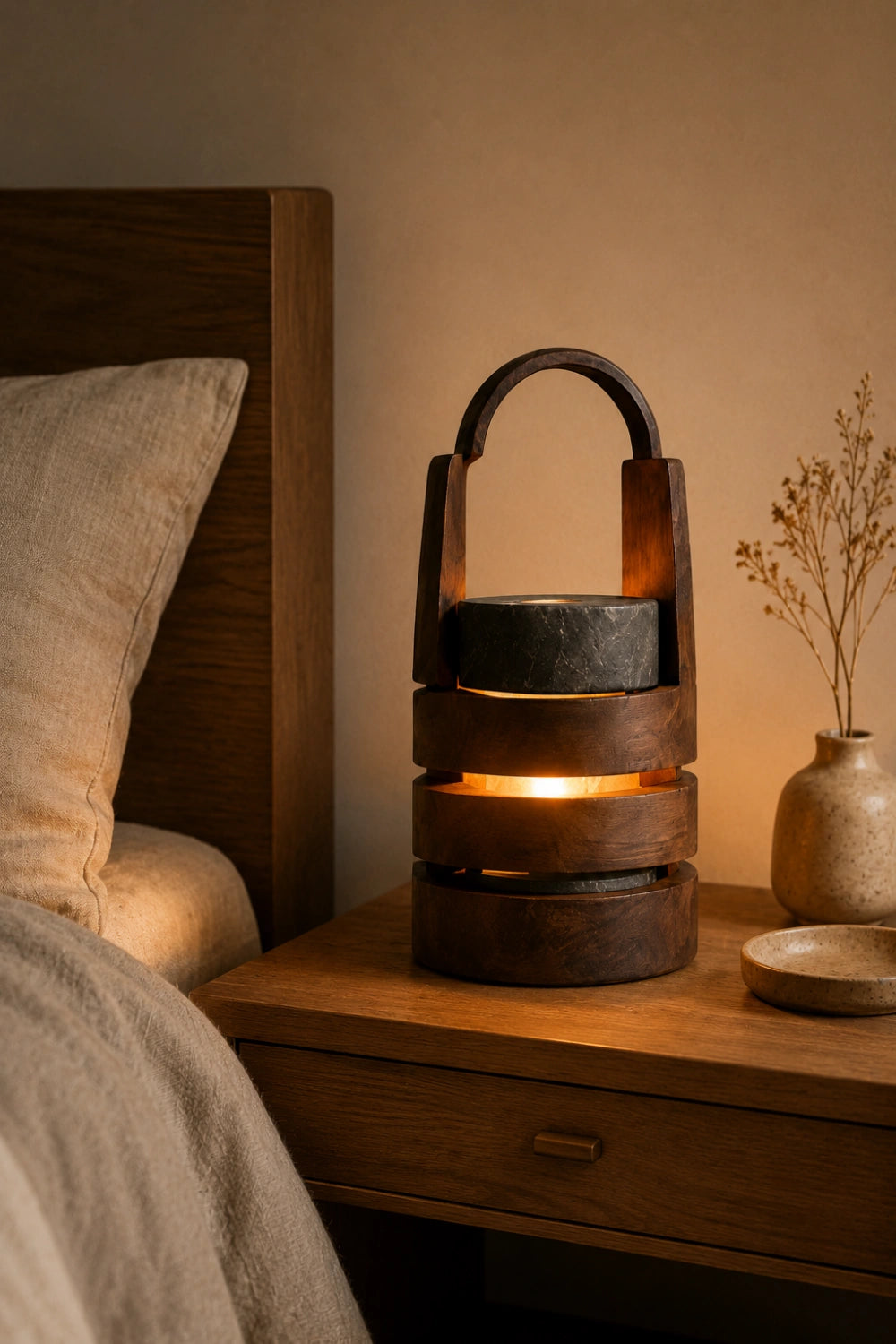Modern Wood Lantern Table Lamp | Arch Handle Tiered Light | Unique Decorative Gift
