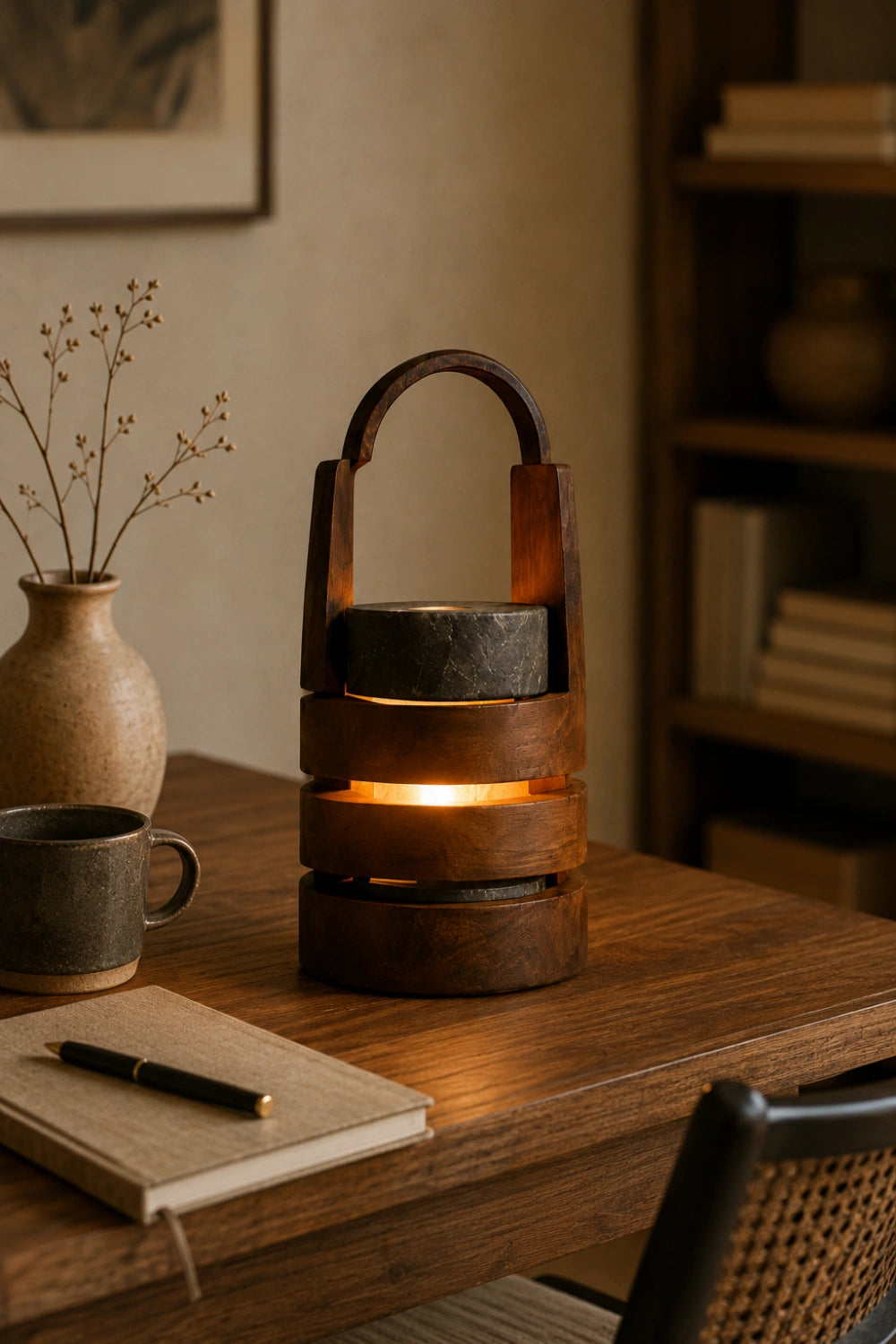 Modern Wood Lantern Table Lamp | Arch Handle Tiered Light | Unique Decorative Gift