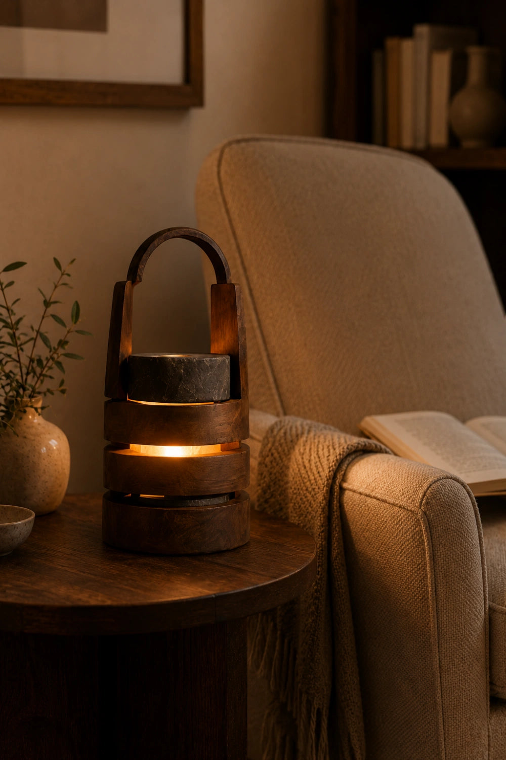 Modern Wood Lantern Table Lamp | Arch Handle Tiered Light | Unique Decorative Gift