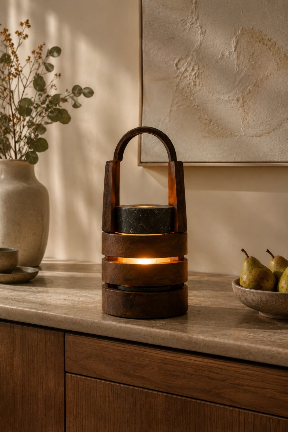 Modern Wood Lantern Table Lamp | Arch Handle Tiered Light | Unique Decorative Gift