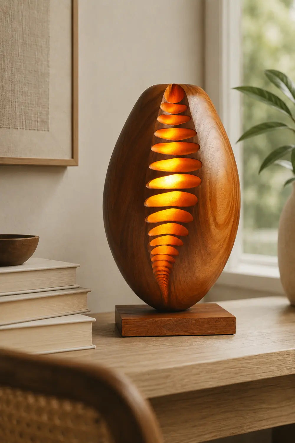 Carved Ribbed Wood Table Lamp | Modern Sculptural Decor Unique Gift Idea