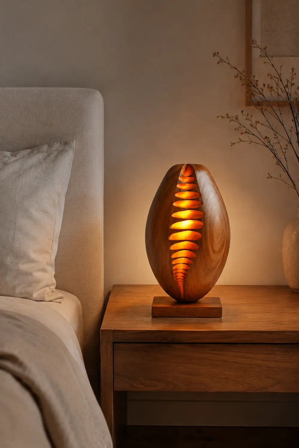 Carved Ribbed Wood Table Lamp | Modern Sculptural Decor Unique Gift Idea