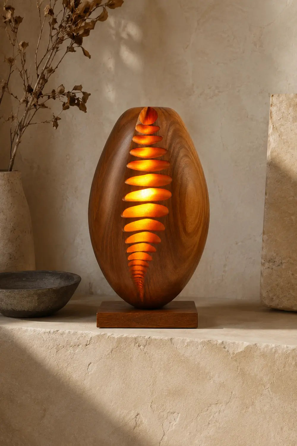 Carved Ribbed Wood Table Lamp | Modern Sculptural Decor Unique Gift Idea
