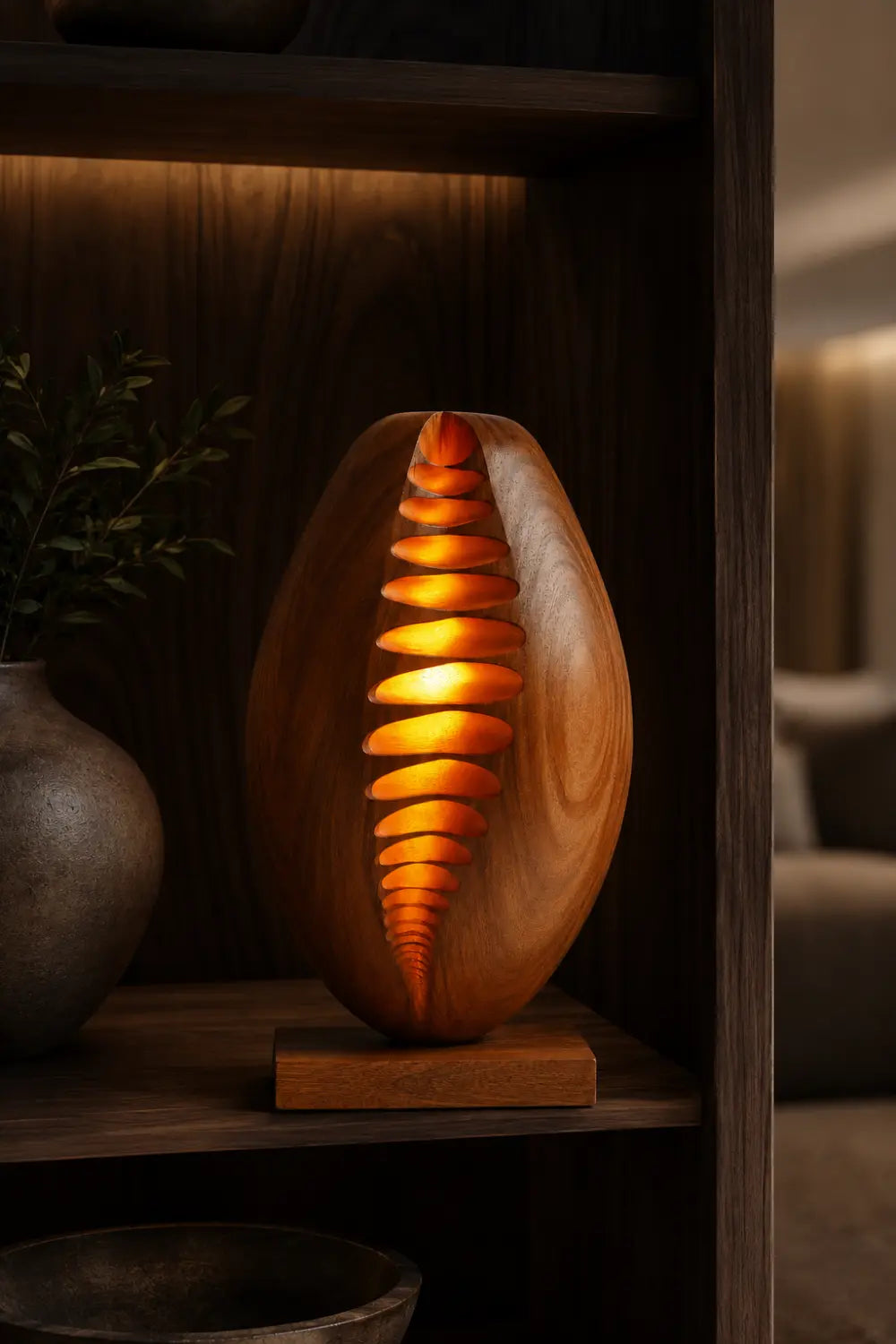 Carved Ribbed Wood Table Lamp | Modern Sculptural Decor Unique Gift Idea