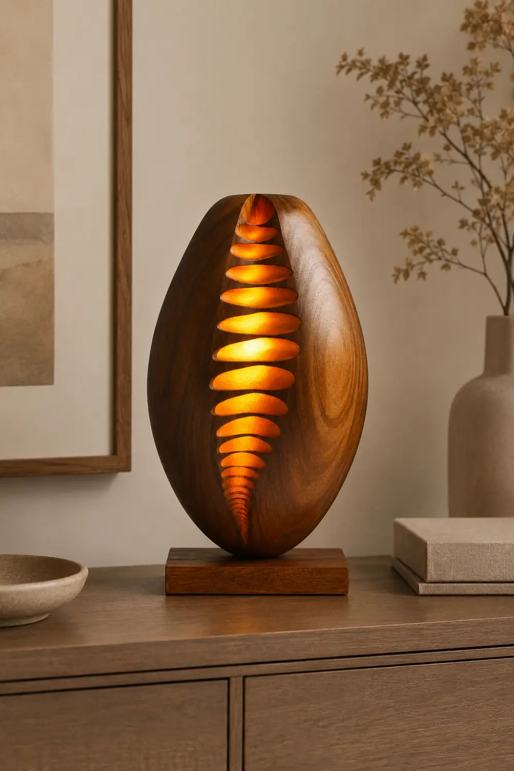 Carved Ribbed Wood Table Lamp | Modern Sculptural Decor Unique Gift Idea