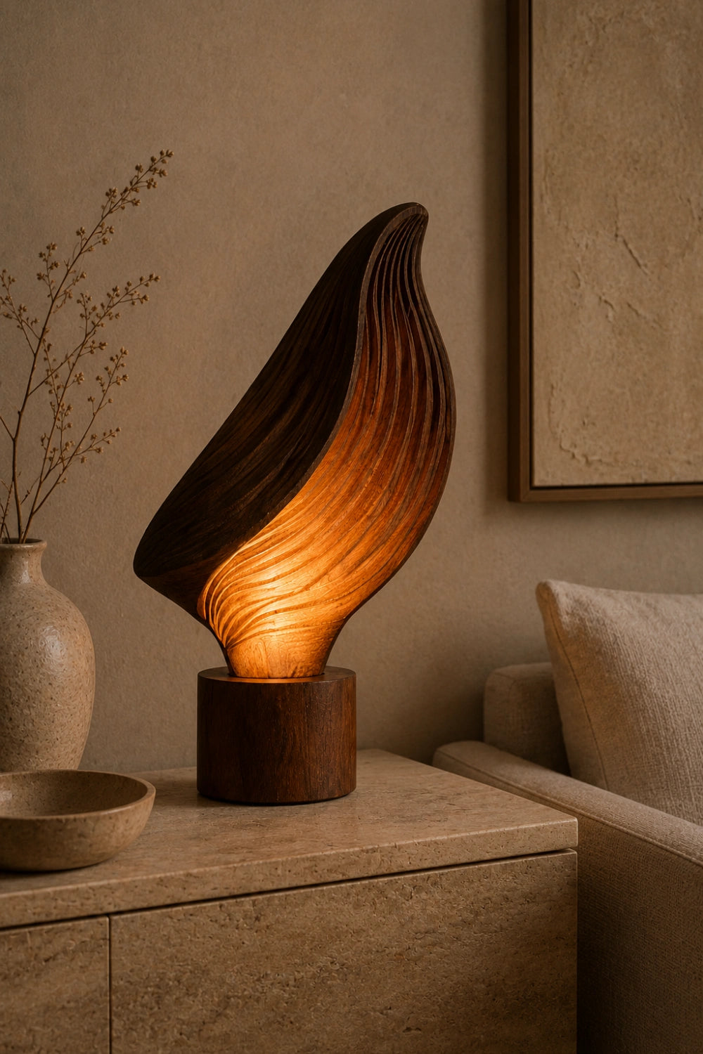 Organic Ribbed Leaf Wood Lamp | Sculptural Rippled Table Light for Decor & Gift