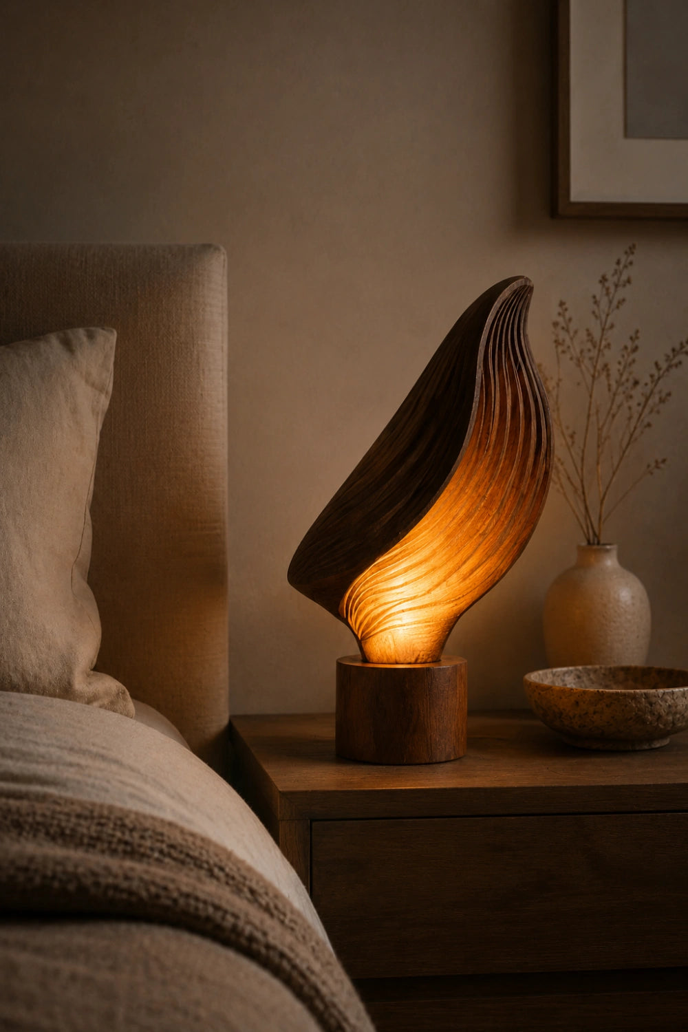 Organic Ribbed Leaf Wood Lamp | Sculptural Rippled Table Light for Decor & Gift