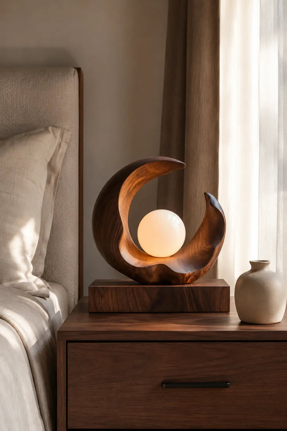 Sculptural Wood Crescent Lamp | Modern Orb Mood Decor Unique Gift Idea