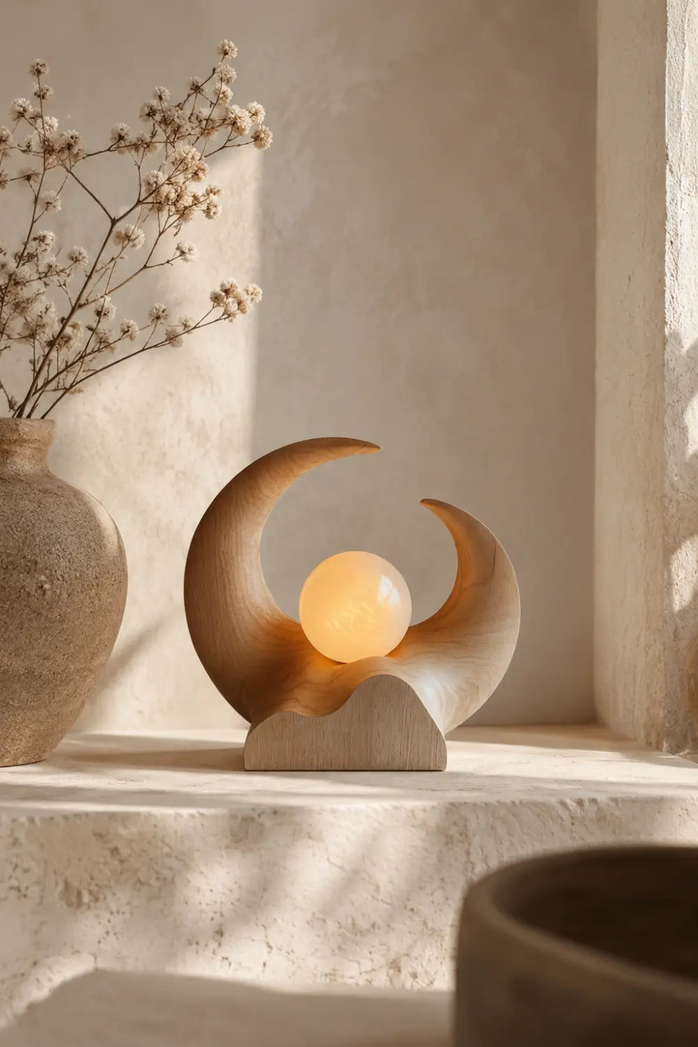 Abstract Crescent Wood Lamp | Serene Wabi-Sabi Decor Unique Gift