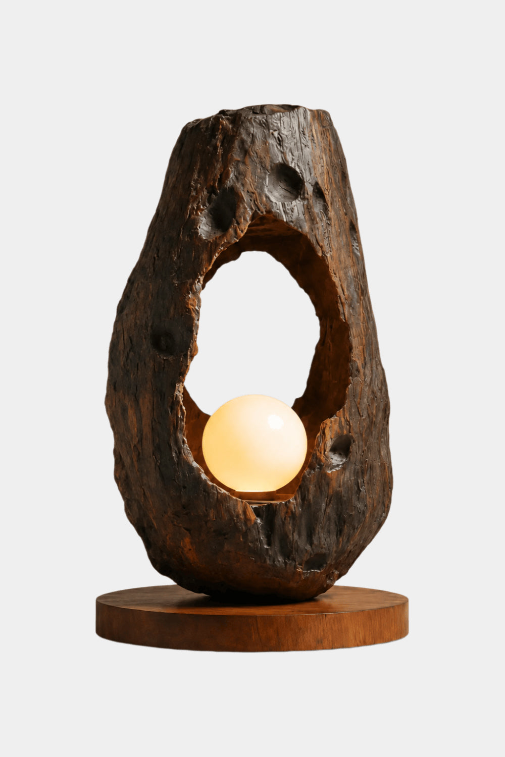 Primitive Hollowed Wood Orb Lamp | Wabi-Sabi Raw Art Decor Unique Gift Idea