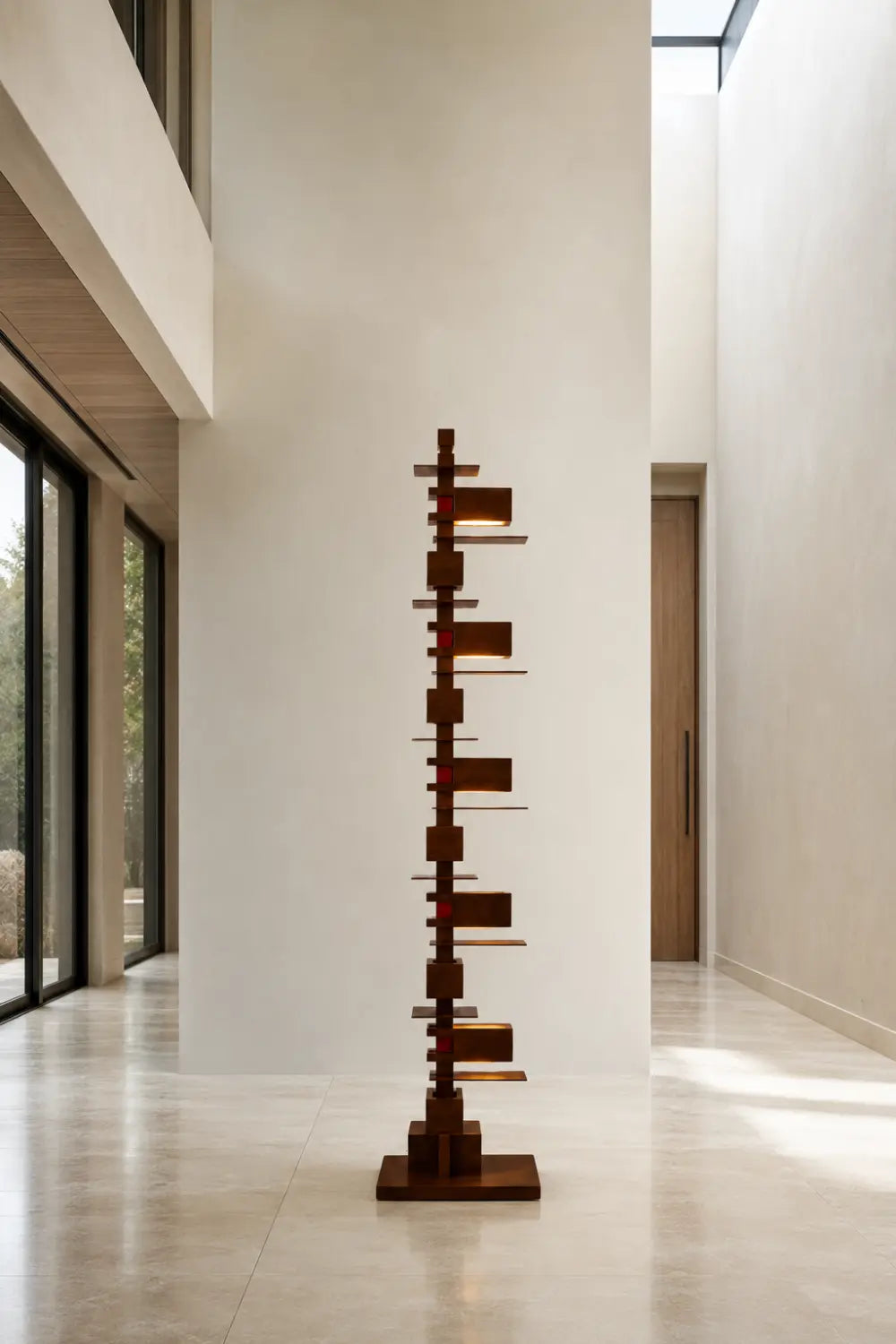 Large Modern Wooden Floor Lamp Abstract Geometric Totem Design For Living Room