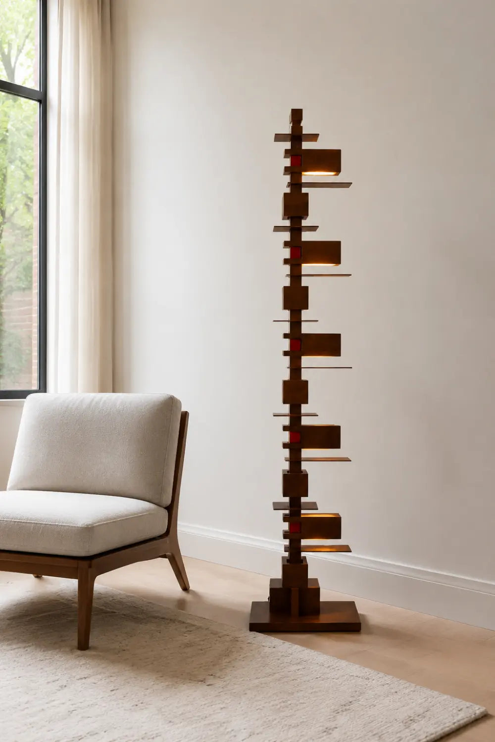 Large Modern Wooden Floor Lamp Abstract Geometric Totem Design For Living Room