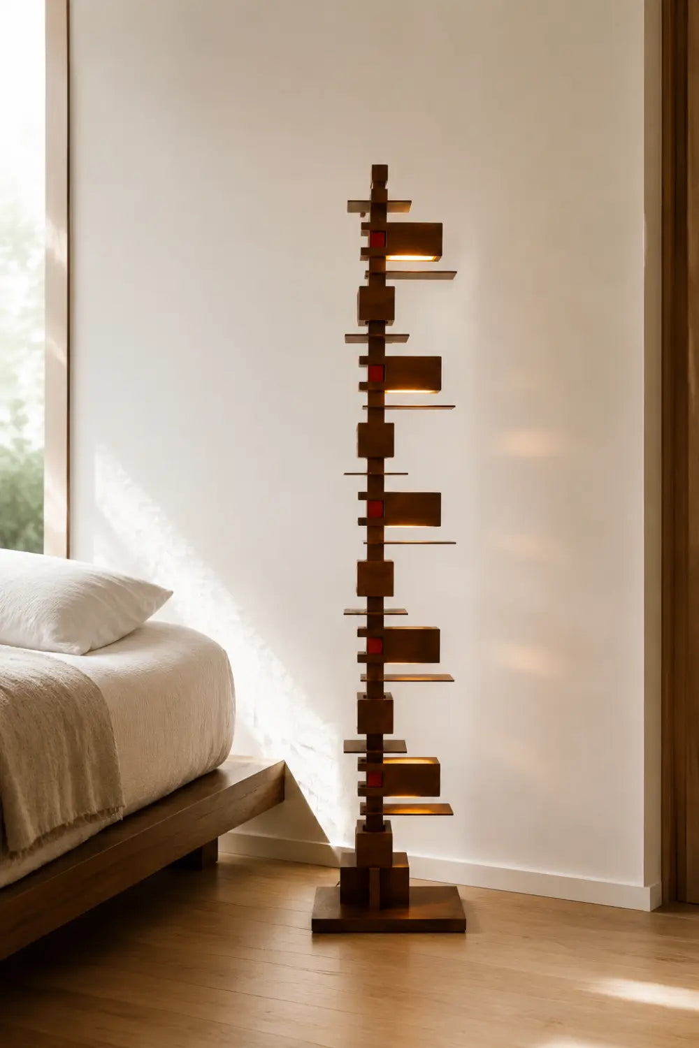 Large Modern Wooden Floor Lamp Abstract Geometric Totem Design For Living Room
