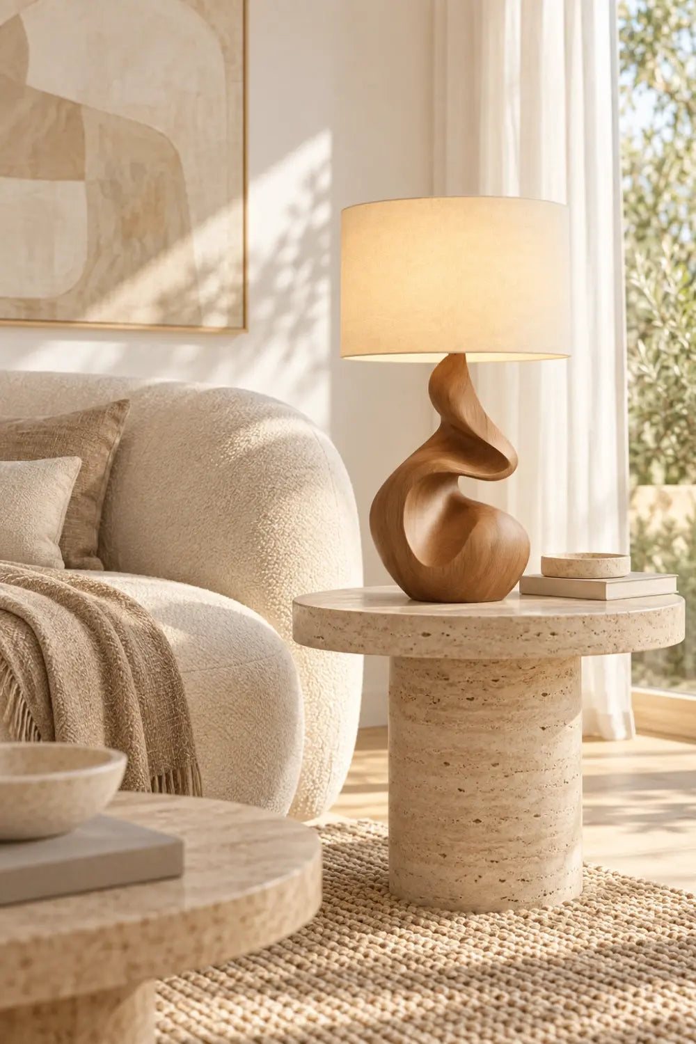 Organic Sculptural Wooden Table Lamp | Fluid Curved Wood Base Ambient Lighting