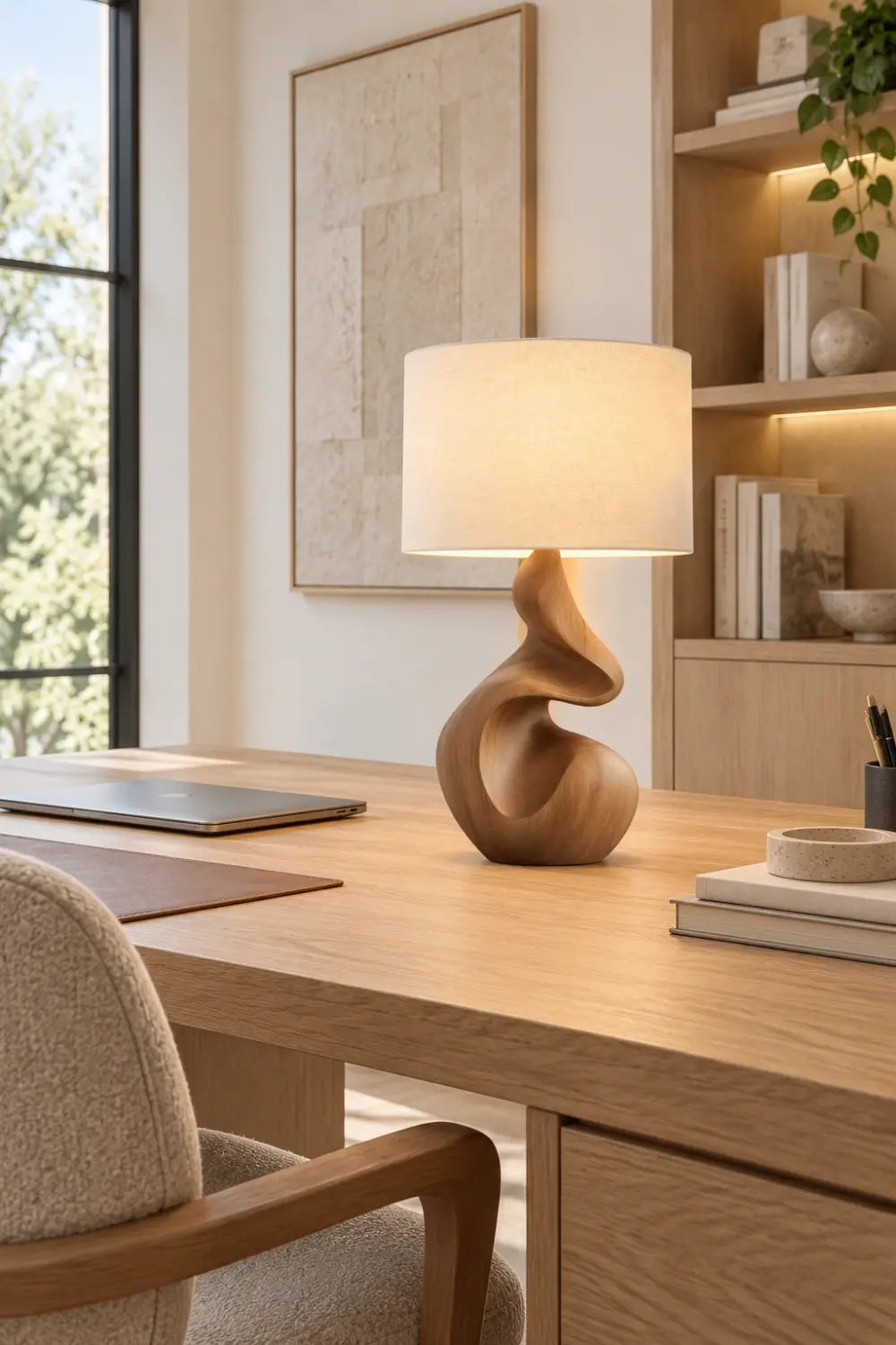Organic Sculptural Wooden Table Lamp | Fluid Curved Wood Base Ambient Lighting