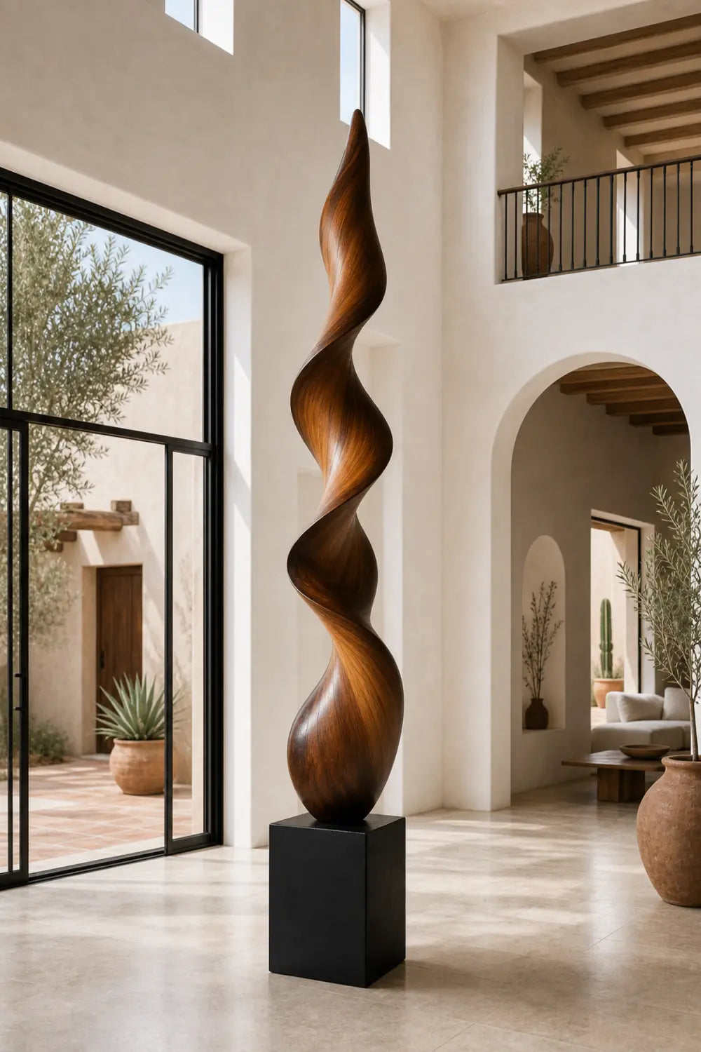 Large Abstract Walnut Wood Spiral Sculpture For Modern Home Decor And Gallery Display