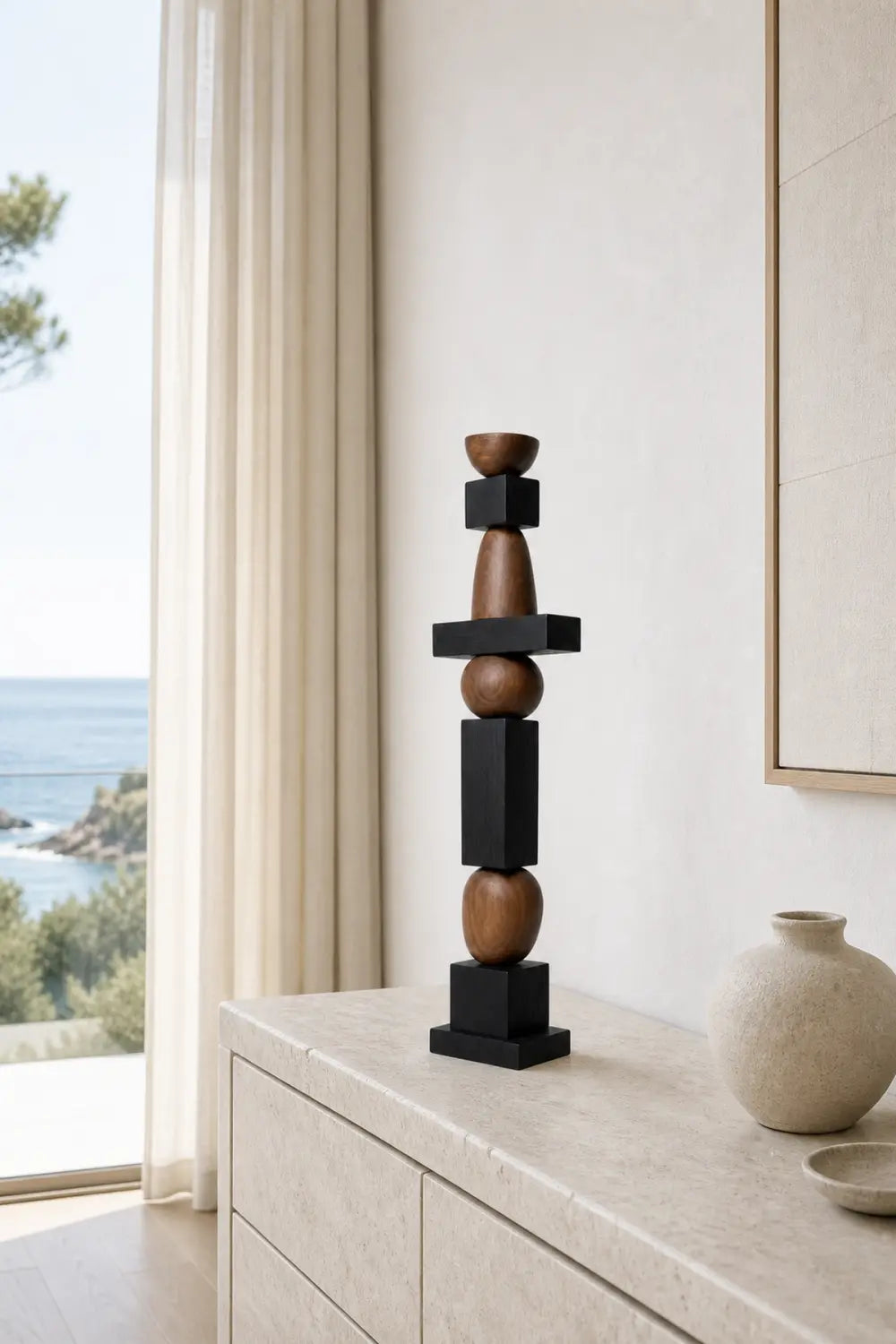 Large Geometric Wooden Sculpture For Minimalist Living Room Decor - Freestanding Abstract Art