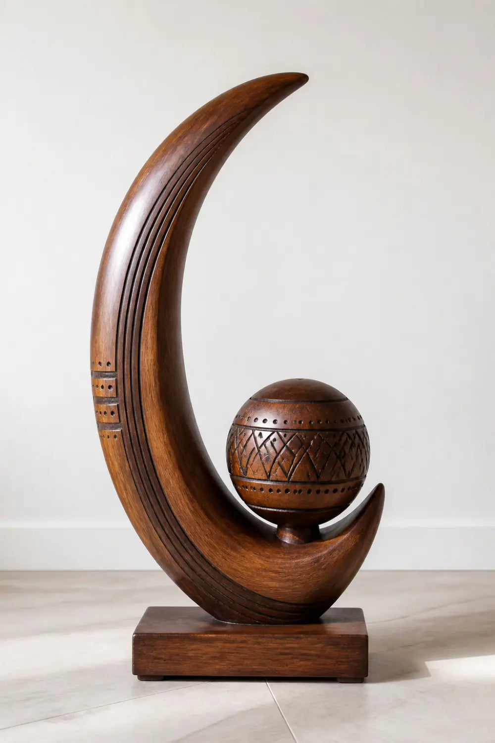 Artisan Carved Wooden Sculpture Abstract Sphere And Crescent Tabletop Art