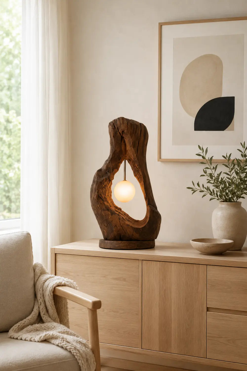 Rustic Raw Wood Cave Table Lamp | Organic Hollow Driftwood Light For Space Decor