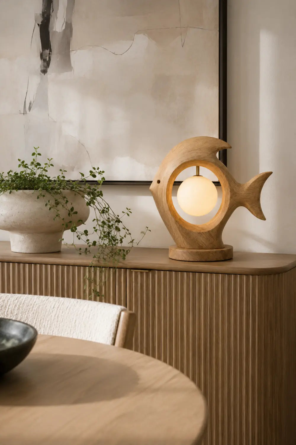 Modern Fish Shaped Wooden Table Lamp For Minimalist Home Decor And Warm Ambient Lighting