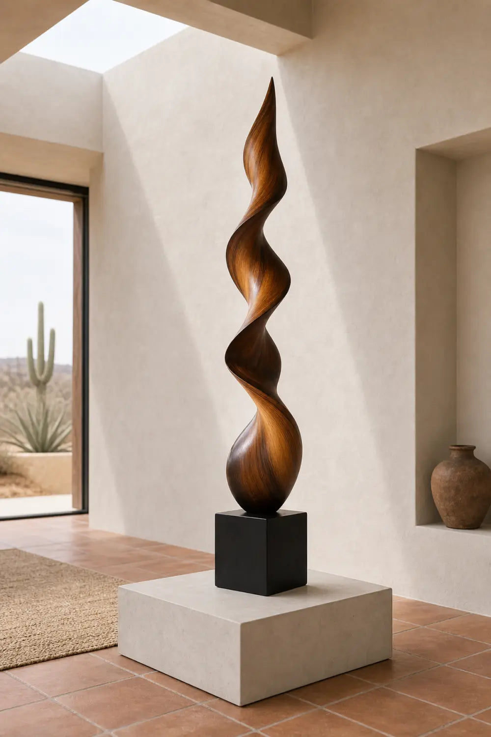 Large Abstract Walnut Wood Spiral Sculpture For Modern Home Decor And Gallery Display