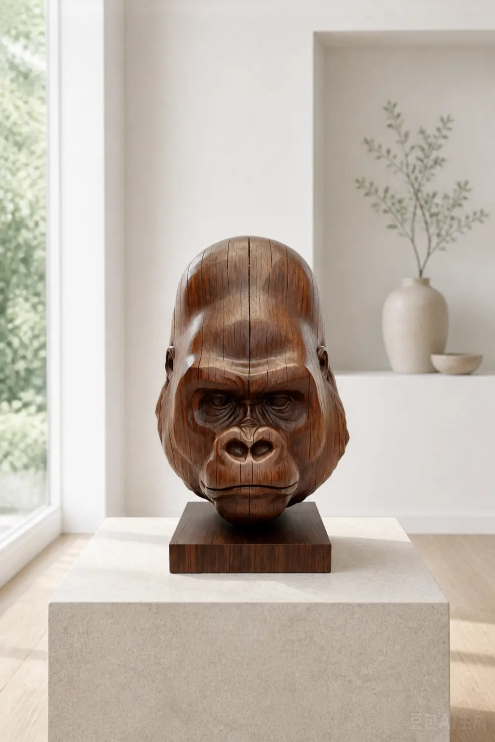 Hand Carved Walnut Gorilla Head Sculpture For Modern Home Decor And Shelf Display